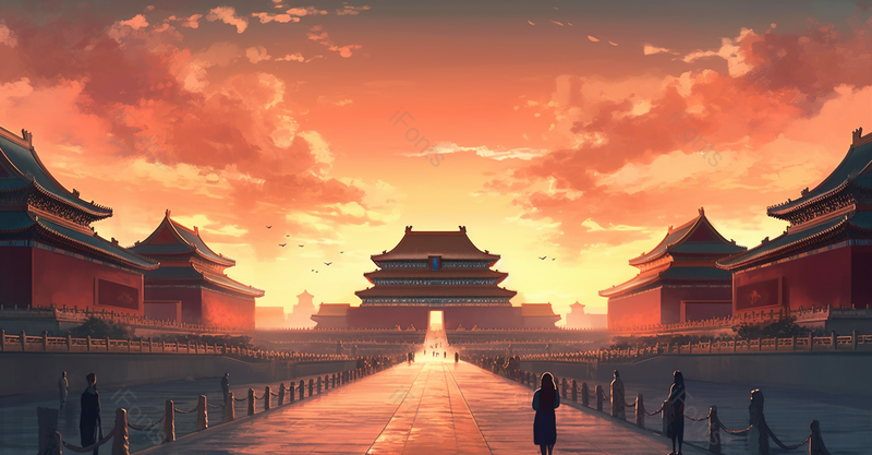 宫廷内人对称红色渐变大气国潮风插画故宫远山祥云,插画/手绘图,插画/手绘图库,插画/手绘图下载,插画/手绘